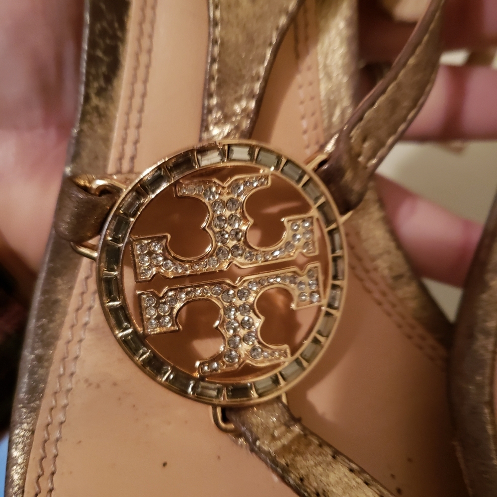 Tory Burch 9.5 Mini Miller Burnished Glod Metallic Embellished Block Heel - Picture 2 of 11